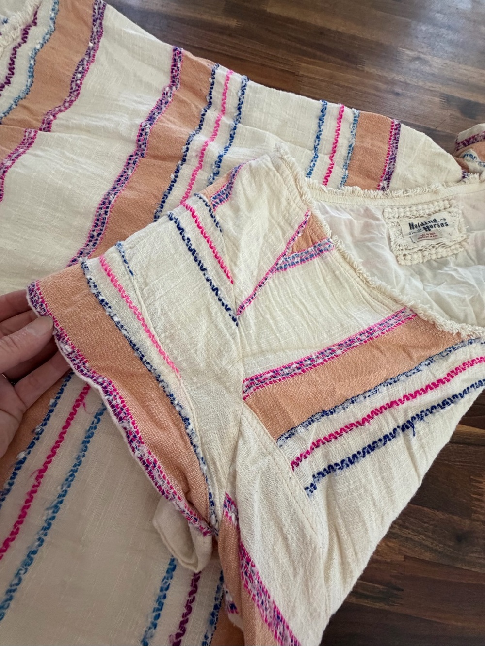 Anthropologie HOLDING HORSES Cream Sarape fabric Dress w/Pink & Blue Stripes - Picture 9 of 9